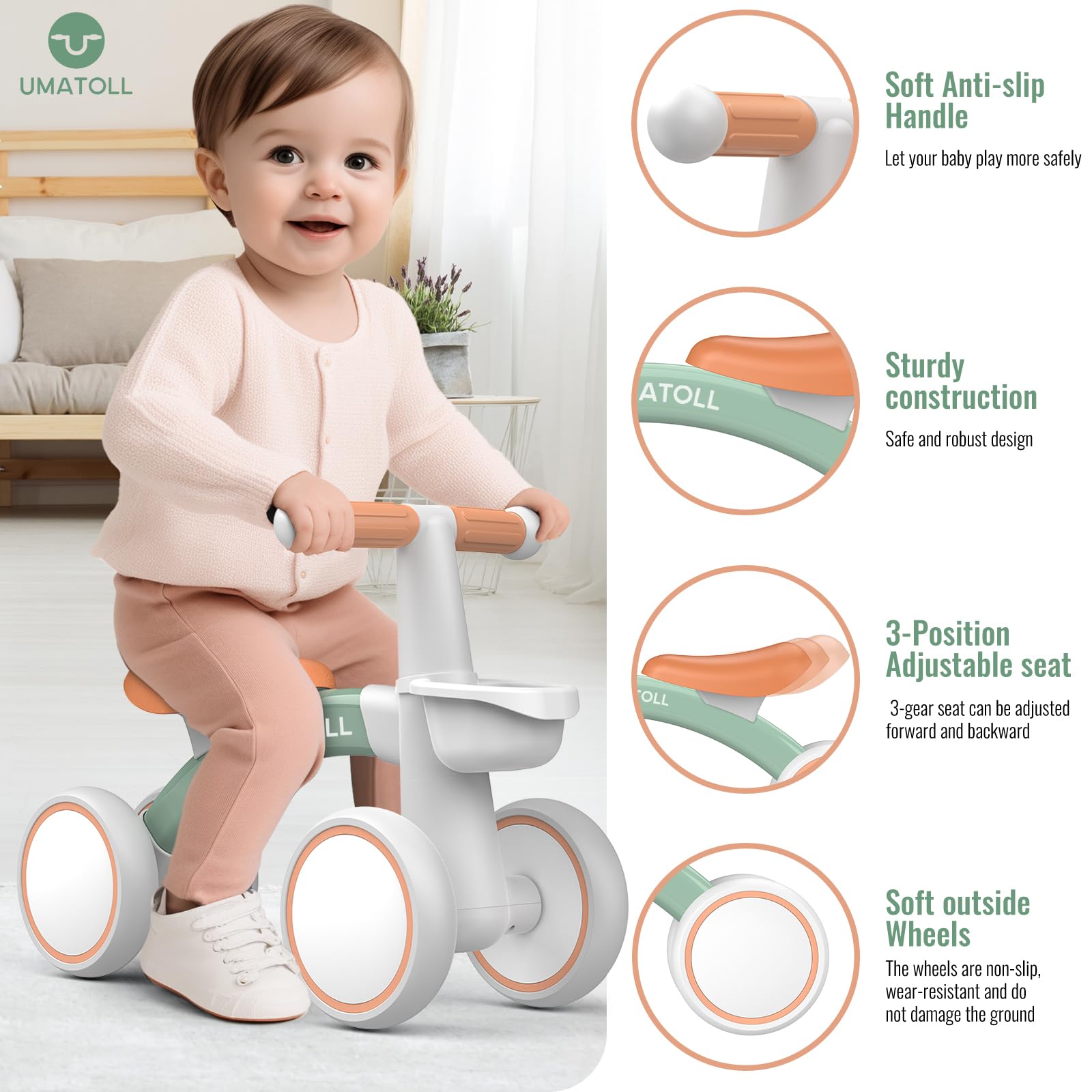 Umatoll Bicicletta Senza Pedali per 1 Anni, Bicicletta Equilibrio per Bambini 12-24 Mesi con Cestino, Giocattolo per Bici per i più Piccoli Baby, Primo Regalo di Compleanno (Verde) immagine 3