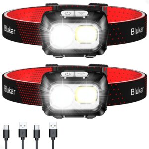 Blukar Torcia Frontale LED, 2 Pezzi 2000 Lumen Super Luminosa Lampada Frontale Ricaricabile con Luce Rossa, 8 Modalità di Luce, Dimmerabile Continuo, IPX5 Impermeabile Torcia da Testa per Corsa/Pesca