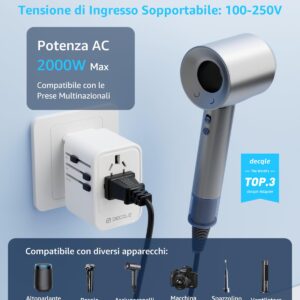 decqle Adattatore Universale da Viaggio, Presa Universale da Viaggio con 2 USB-C(PD 20W) e 1 USB-A e 1 AC, Adattatore da Viaggio Italia Inghilterra Germania America Australia e 224+ Paese(bianca) immagine 3