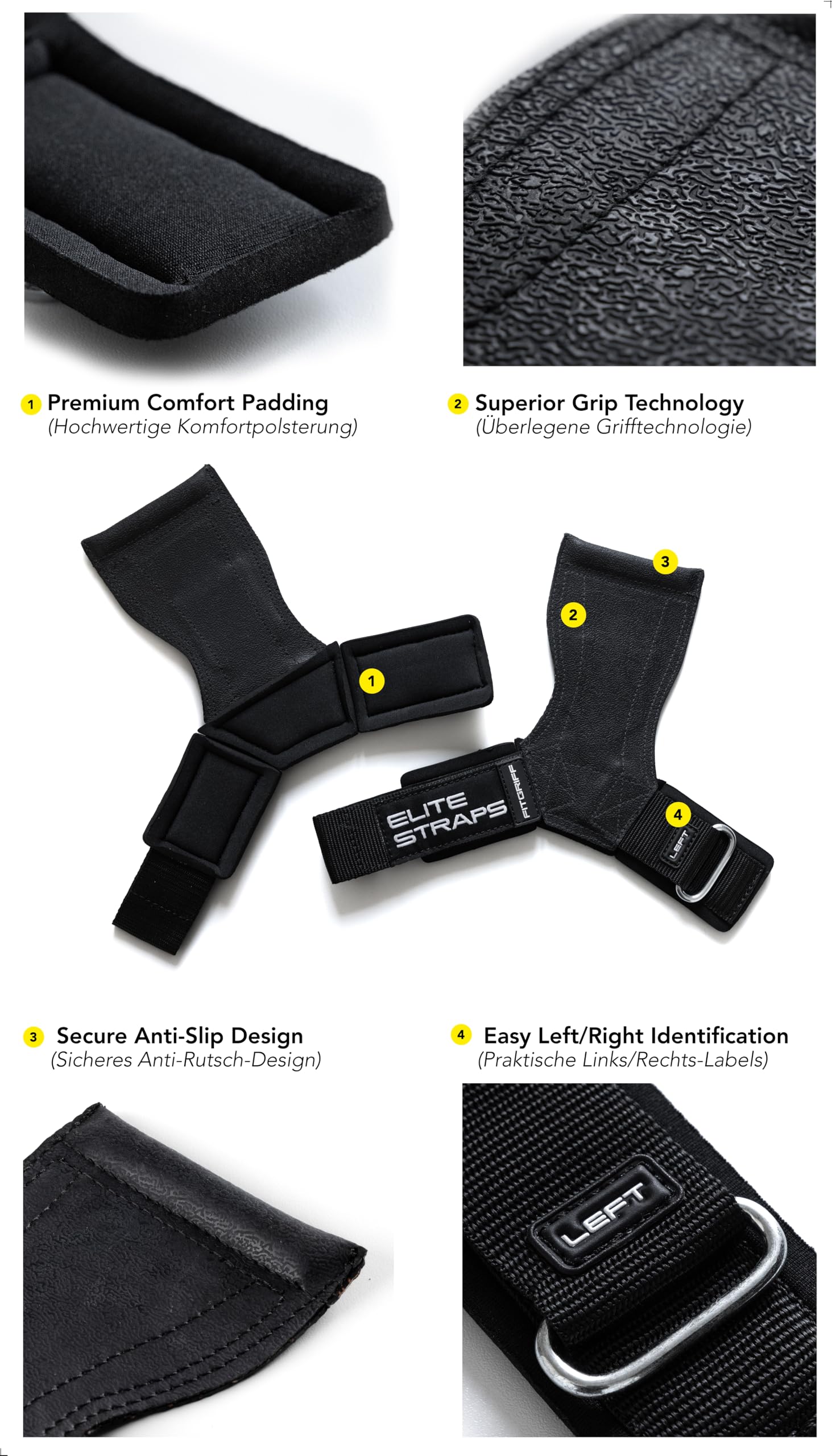 Fitgriff® Elite Straps 2.0 - Straps Palestra con Gomma Grip - Ganci Sollevamento Pesi per Stacchi, Gym, Lifting immagine 4